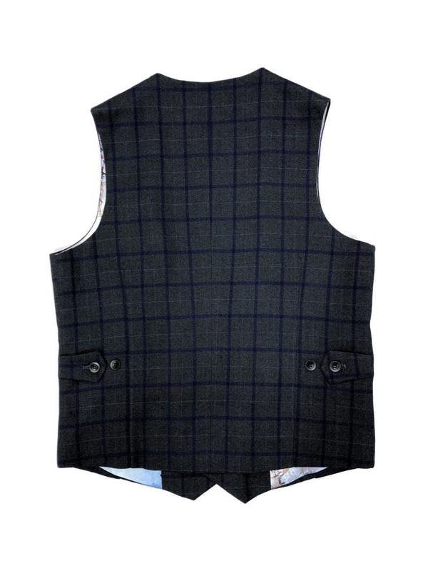 Backside of grey with blue check tweed waistcoat - Pamoni