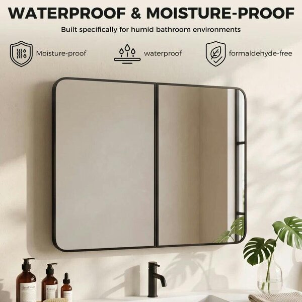 76.2 x 11.6 x 61 cm Bathroom Mirror Cabinet, Wall Cabinet with Adjustable Shelves, Wall-Mounted or Recessed, Black