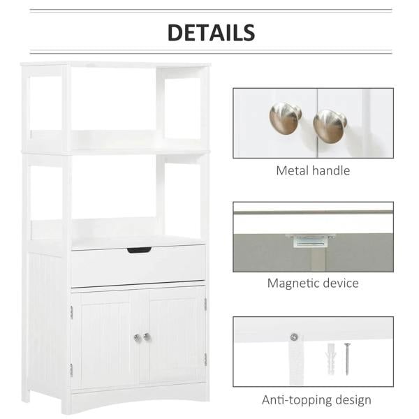 White cabinet hardware detail: metal handles, magnetic closure area, and anti-tipping feature