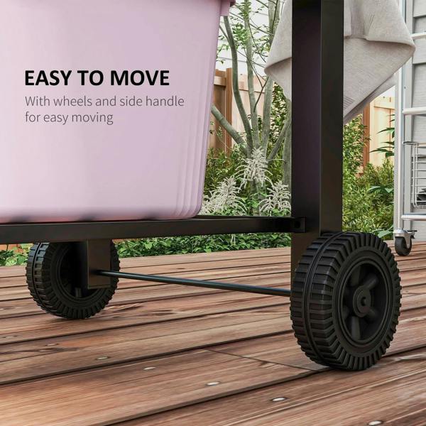 Black grill on sturdy wheels with side handles for easy moving