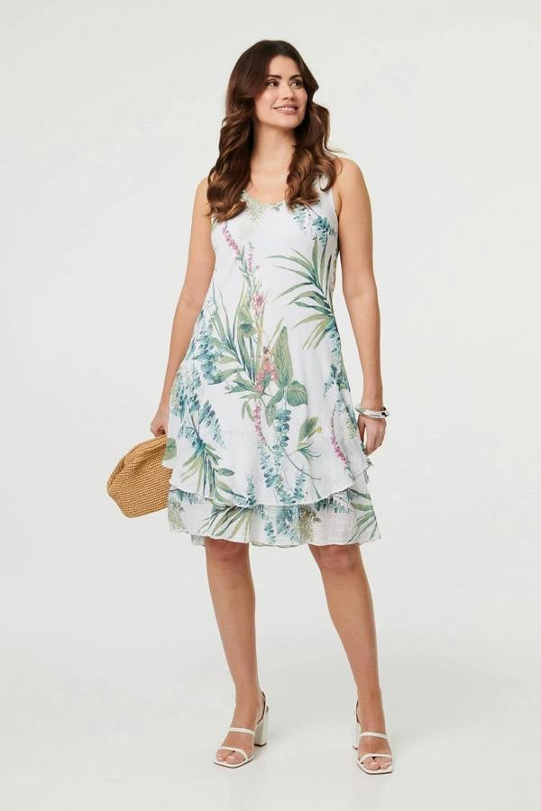 Cream | Leaf Print Sleeveless Knee Length Dress