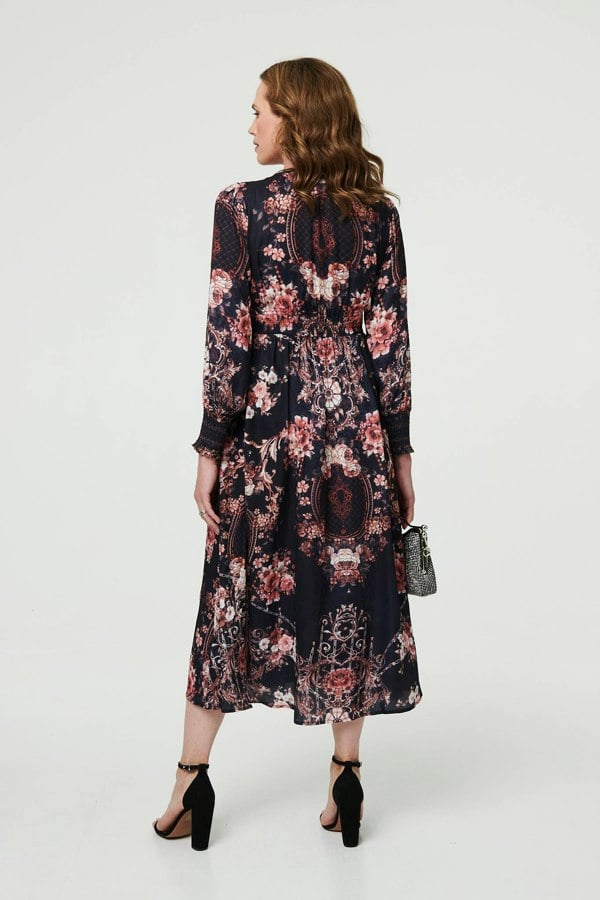Black | Printed Long Sleeve Empire Maxi Dress
