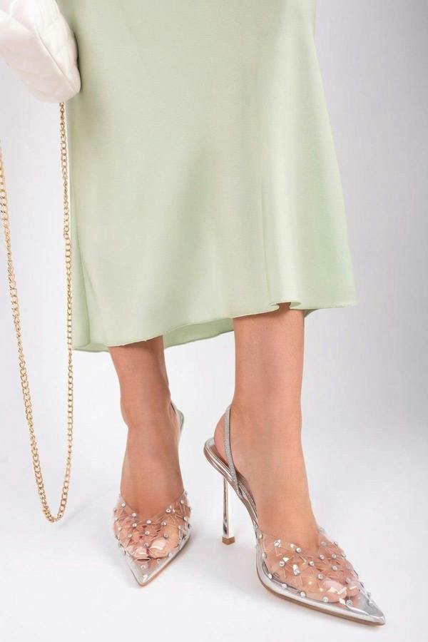 Soraya Studded Pointed Slingback Heels - Silver_wb