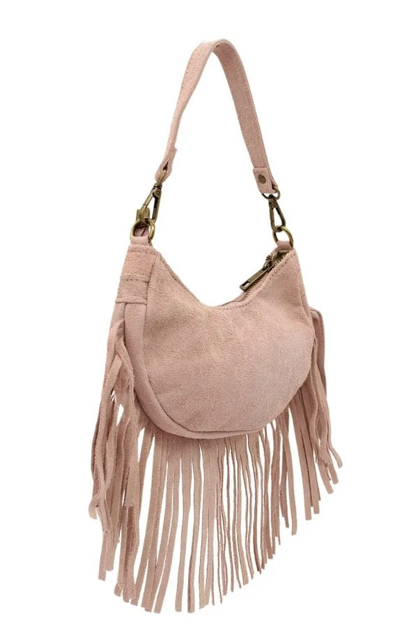 Kitise Small Genuine Italian Suede Fringed Crossbody Shoulder Bag