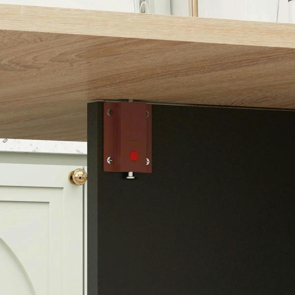 Black table frame latch hardware under the oak tabletop