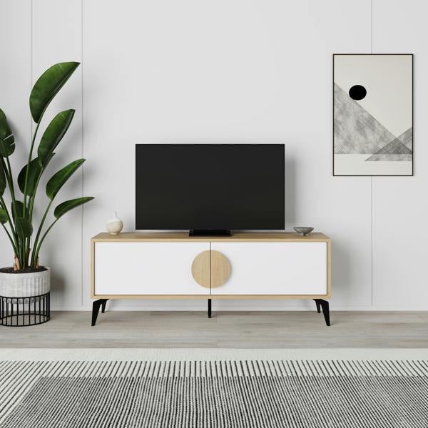 Decortie Gora Modern TV Unit Oak, White 140(W)cm with 2 Door Flap Stay Storage TV Cabinet Entertainment Metal Legs