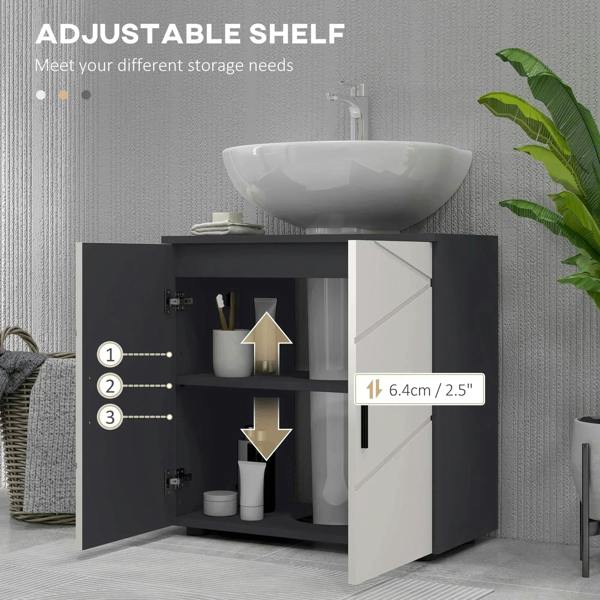 Light grey bathroom vanity cabinet with adjustable interior shelf and open under-storage