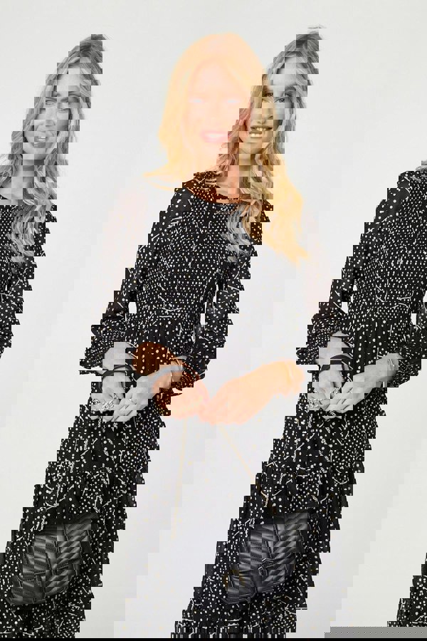 Black | Polka Dot Print Puff Sleeve Midi Dress
