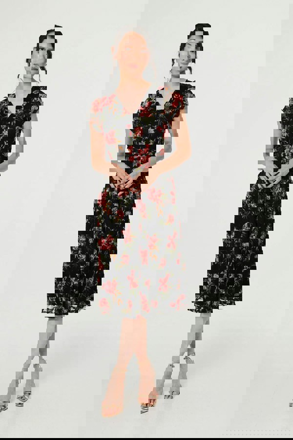 Black | Floral Cap Sleeve Shirred Midi Dress
