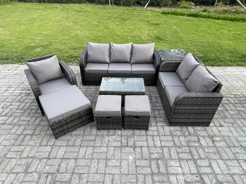 Fimous Outdoor Garden Furniture Sets 8 Pieces Wicker Rattan Furniture Sofa Sets with Rectangular Coffee Table Loveseat Sofa 3 Footstools Side Table