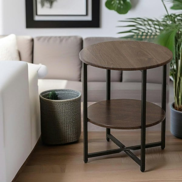 Rafaelo Mobilia Industrial 2 Tier Round Coffee Table For Living Room Walnut