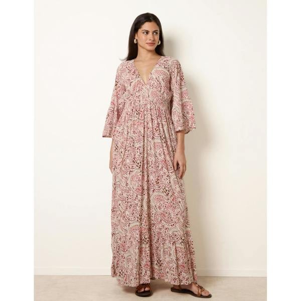 Blue Vanilla Printed Shirred Waist V Neck Maxi Dress