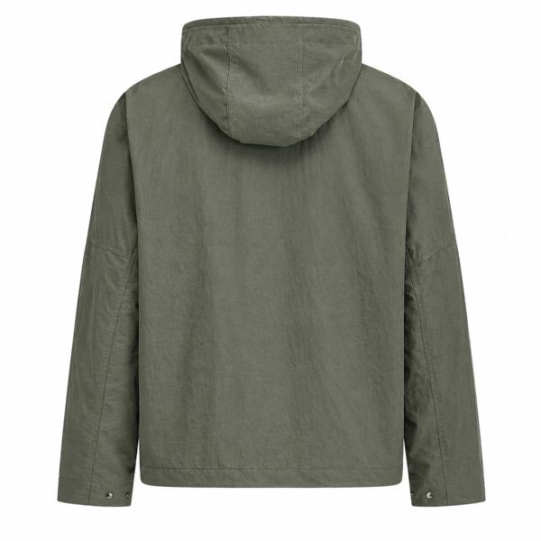 Back view of a Fred Perry field green cropped ripstop parka jacket with a hood and buttoned cuffs.