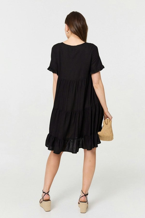 Black | Short Sleeve Frilled Short Smock Dress
