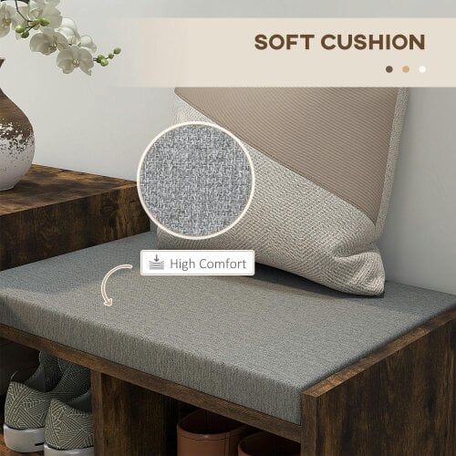 Wyld Haus Nata Wooden Rustic Brown Multi Compartment Shoe Bench With Grey Cushioned Seat