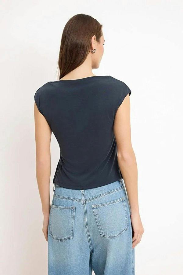 WOVCOR Fitted Wrap Boat Neck Knitted Blouse with Tie Detail