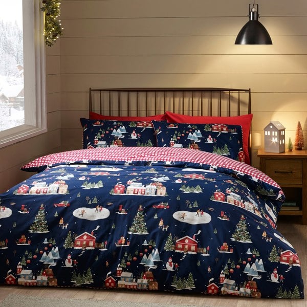 Catherine Lansfield Christmas Ski Village Reversible Duvet Cover Set Navy Blue