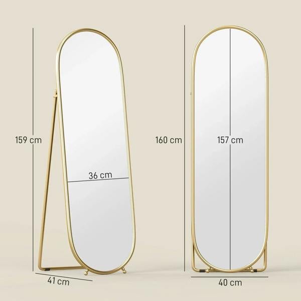 Gold-tone two-way oval full-length mirror with base stand, shown with size markers.