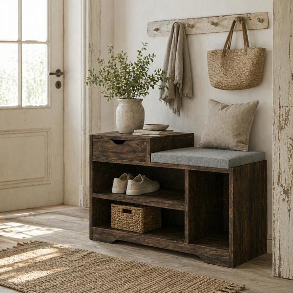 Wyld Haus Nata Wooden Rustic Brown Multi Compartment Shoe Bench With Grey Cushioned Seat