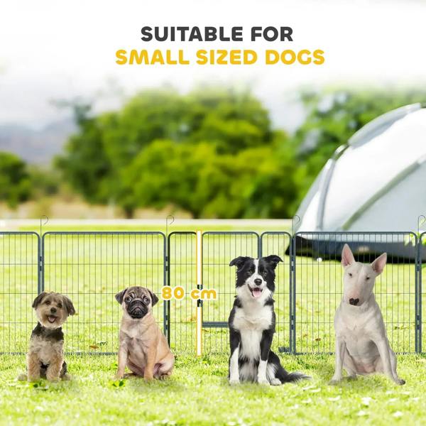 Grey wire dog playpen outdoors with small dogs inside behind the fence