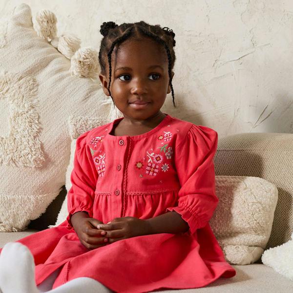 Mini Cuddles Baby Girls Floral Embroidered Dress with Stockings, Red