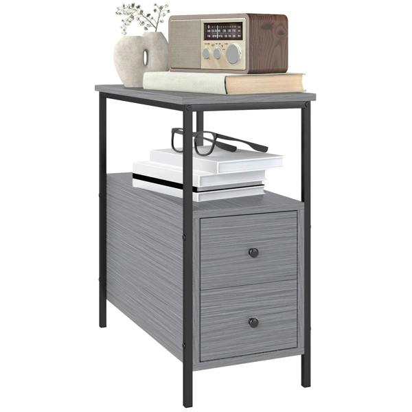 Narrow grey bedside table with metal frame, two drawers, and open storage shelf.