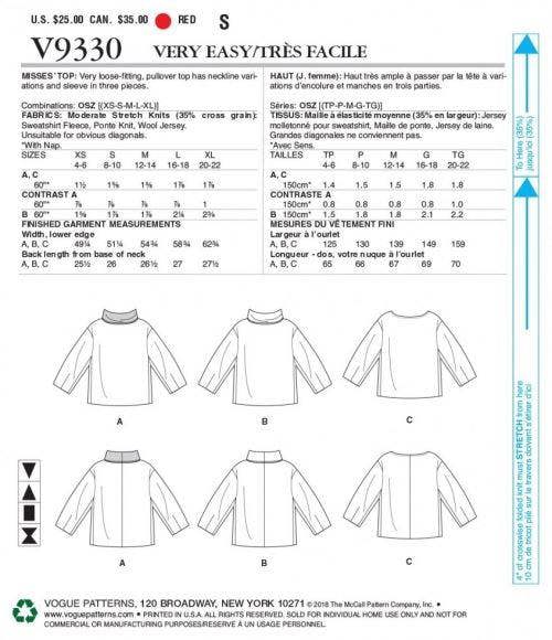 Vogue Sewing Pattern 9330, Tops, Sweaters for Women, OSZ (XSM-SML-MED-LRG-XLG) - Easy