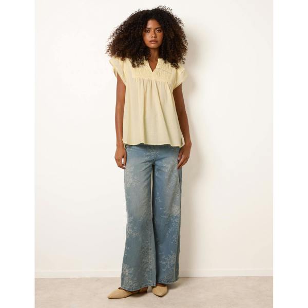 Blue Vanilla Cotton Embroidery Detail Ruffle Sleeve Top