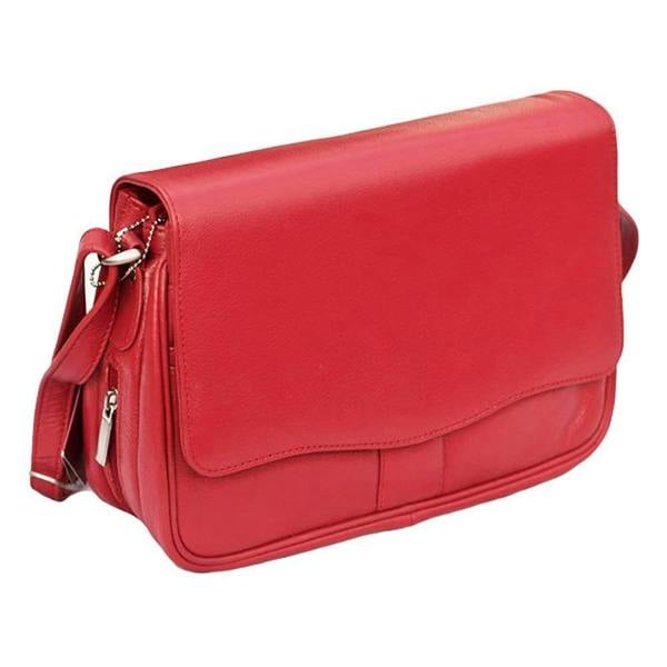Side view of Victoria red leather organiser bag showing adjustable shoulder strap