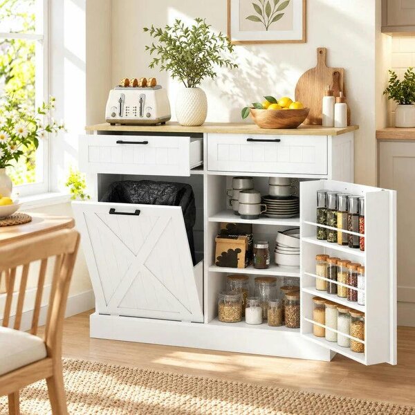 Sideboard with Tilt-out Trash Bin, Farmhouse Kitchen Sideboard with 2 Drawers, Adjustable Shelves, Door Racks, White