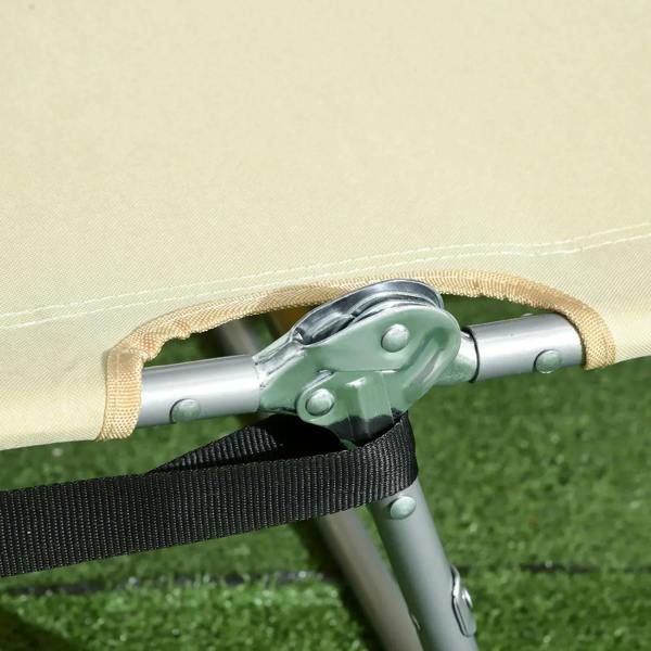 Beige sun lounger strap and metal frame connector close-up for foldable support
