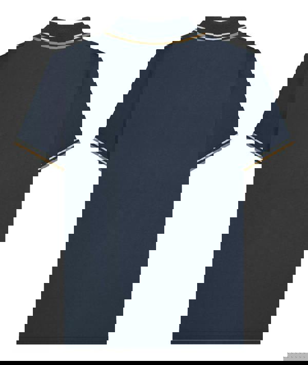 Lambretta Mens Vertical Stripe Classic Mod Ska Casual Smart Polo, navy blue short-sleeve polo shirt with vertical stripes on the collar and sleeve cuffs.