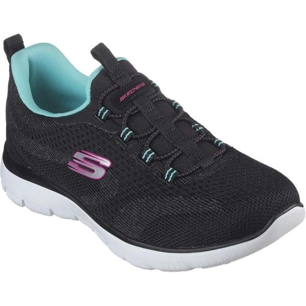 Skechers Summits New Nature Womens Casual Sports Walking Trainers, black athletic shoe with pink and blue accents, breathable mesh upper, cushioned white sole, and lace-up closure.