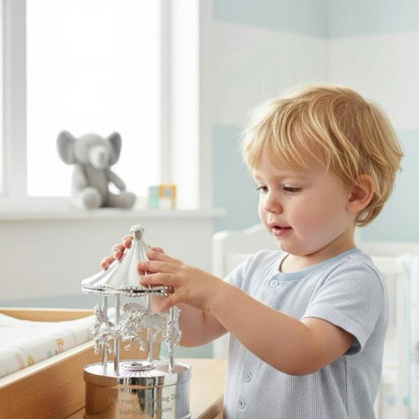 A young blonde toddler gently touching a silver-finish musical carousel ornament. The carousel features intricate horses and sits on a wooden nursery changing table. The background shows a soft, blue-and-white nursery setting with a plush toy elephant on a windowsill.
