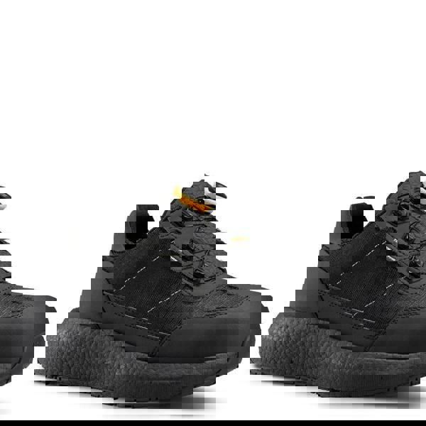 TOWORKFOR Zero Gravity Speed Lace Mens/Womens Safety Fiberglass Trainers, black safety shoes with slip-on design and sophisticated sole for industrial or construction work.