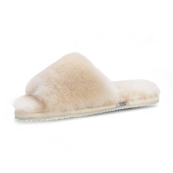 Infinity Leather Women's Sheepskin Slippers Beige Warm Winter Fur Sliders - Nordic