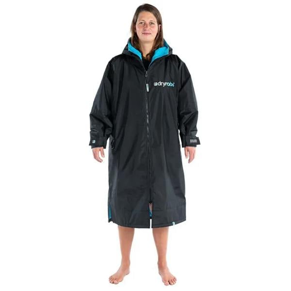 Black waterproof Dryrobe Advance wetsuit with teal accents and synthetic lambswool lining