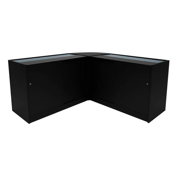 Black Demeter LED shop counter set featuring sleek design, glass display tops, and spacious storage cabinets for retail use