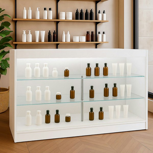 LED retail shop counter K1500 in white with glass shelves displaying various brown and white bottles against a modern backdrop