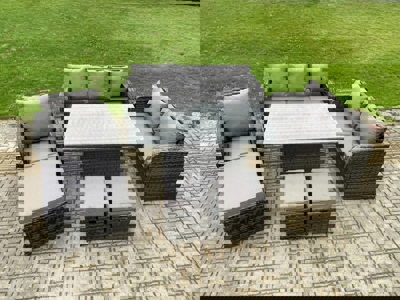 Fimous Rattan Outdoor Furniture Garden Dining Set Patio Height Adjustable Rising lifting Table Reclining Chair Sofa With 3 Footstools Dark Grey Mixed
