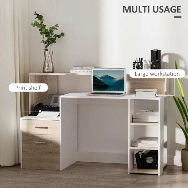 Bobobiy Computer Desk with Drawers and Storage Shelves, Office Desk Writing Table with Printer Stand, 137 x 55 x 92cm, Oak