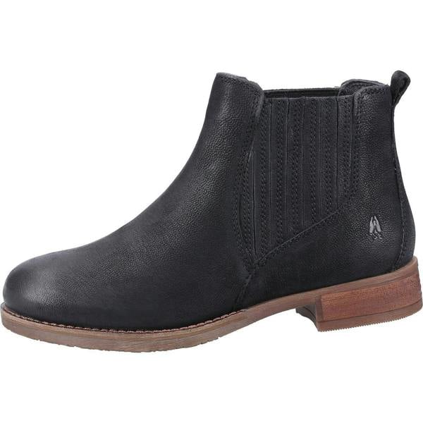 Hush Puppies Edith Womens Pull On Chelsea Dealer Ankle Boots, black leather ankle boots with elastic side panels and a low wooden heel.