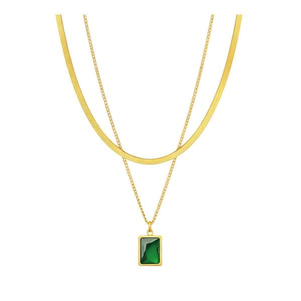 Serafina Alana Necklace - 18K Gold Plated Stainless Steel Emerald Green CZ Double Layer Necklace