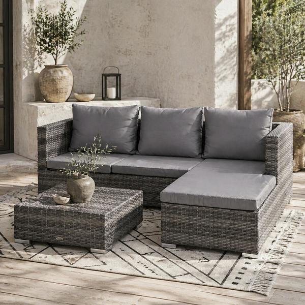 Wyld Haus Sevafa Rattan Grey L Shaped Outdoor Corner Sofa And Coffee Table Set With Cushions