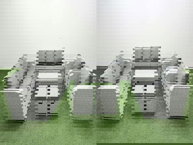 Fimous PE Rattan High Back Lounge Sofa Set Patio Oblong Coffee Table & Chairs Set with 3 Seater Sofa Reclining Chair Stools 2 Side Table Light Grey