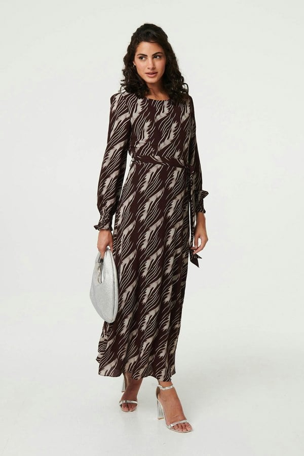 Brown | Printed Tie Waist Semi Sheer Maxi Dress
