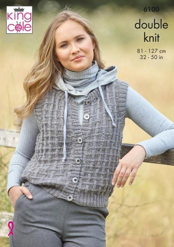 King Cole Homespun DK Knitting Pattern 6100, Slipovers, Waistcoats for Women, 32 - 50 Inches