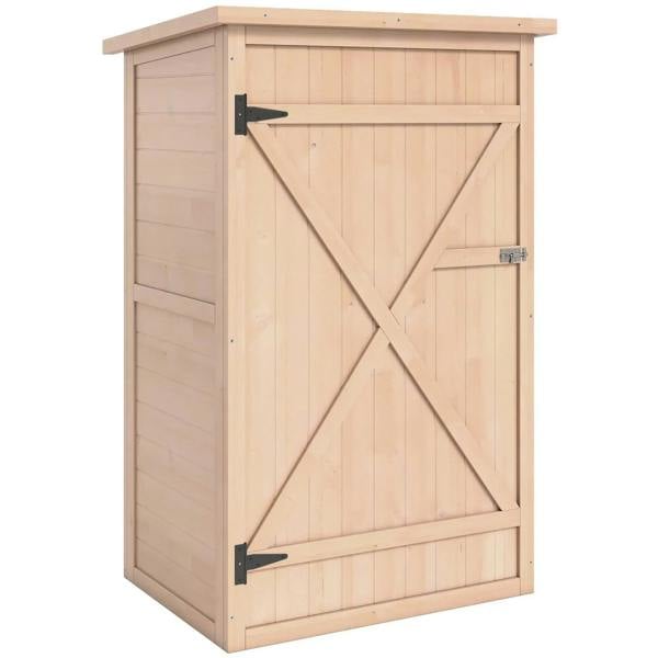 Natural wood small garden shed with double doors, X-bracing, and metal latch hardware