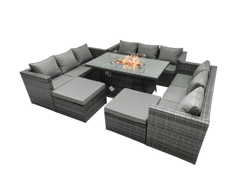 Fimous Outdoor Rattan Fire Pit Dining Set | 11-Seater Garden Lounge Furniture with Glass Table - Dark Grey