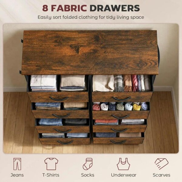 Chest of Drawers, Dresser for Bedroom with 8 Fabric Drawers, Tall Storage Unit w/ Side Storage Bag, Rustic Brown